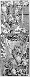 The Triumphal Arch of Emperor Maximilian I: Detail of Pillar Embellishment Showing a Winged Griffin Below a Figure Striking Two Drums, a Knight in Armour and a Herald, Dated 1515, Published 151 by Albrecht Dürer